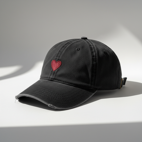 Distressed dad hat with small heart embroidery on center front. Make in black, white, pink 
and light blue